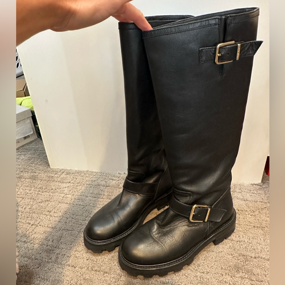 Jimmy Choo Black Leather Knee-High Moto Boots